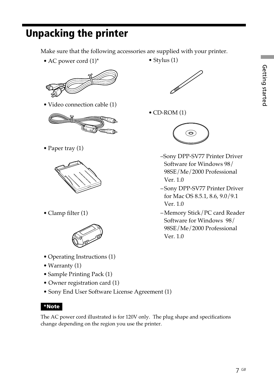 Unpacking the printer, Supplied accessories | Sony DPP--SV77 User Manual | Page 7 / 283