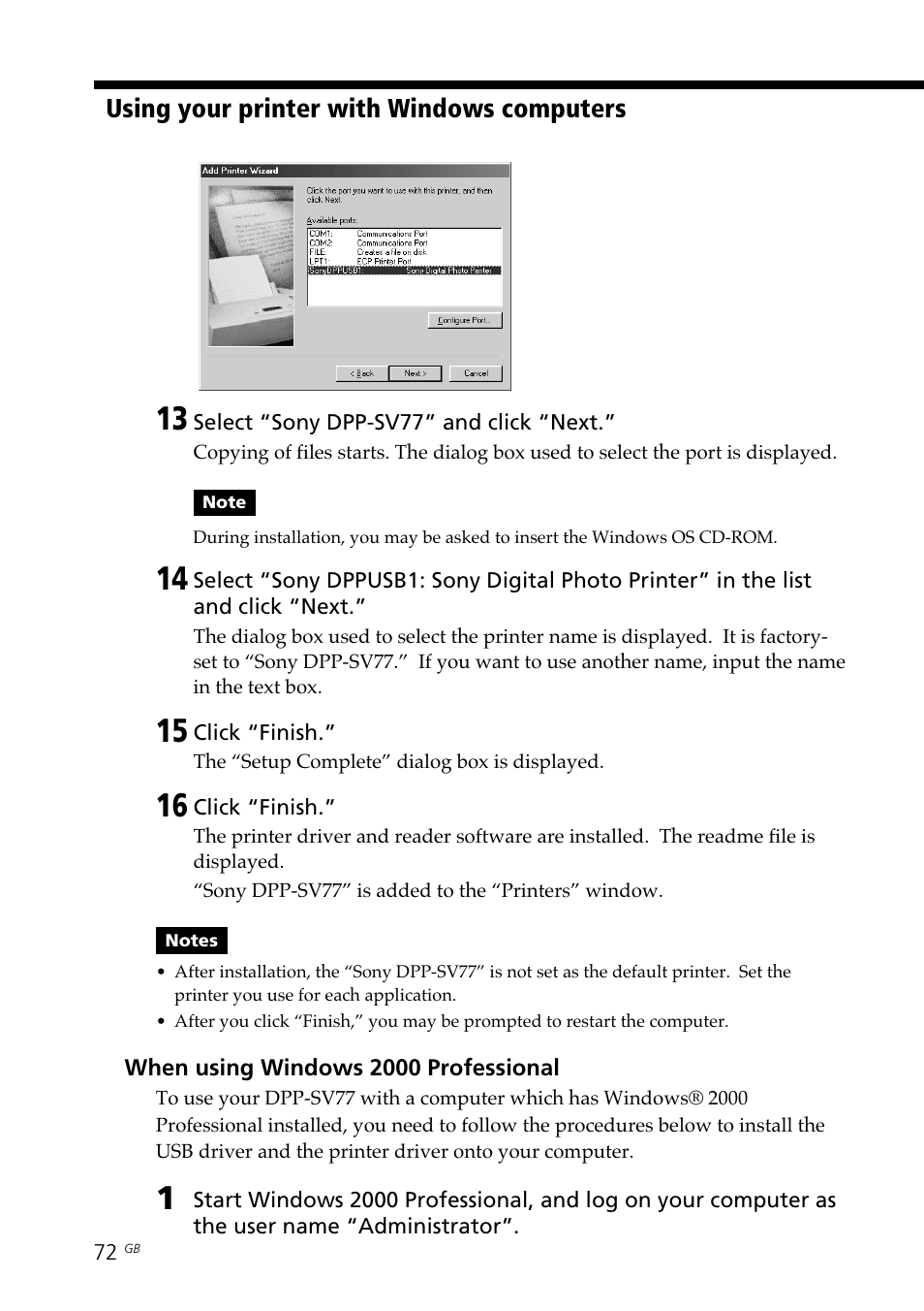 Using your printer with windows computers | Sony DPP--SV77 User Manual | Page 72 / 283