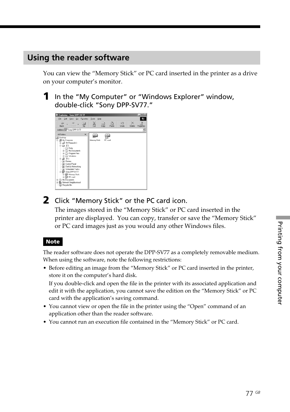 Using the reader software, Reader software | Sony DPP--SV77 User Manual | Page 77 / 283
