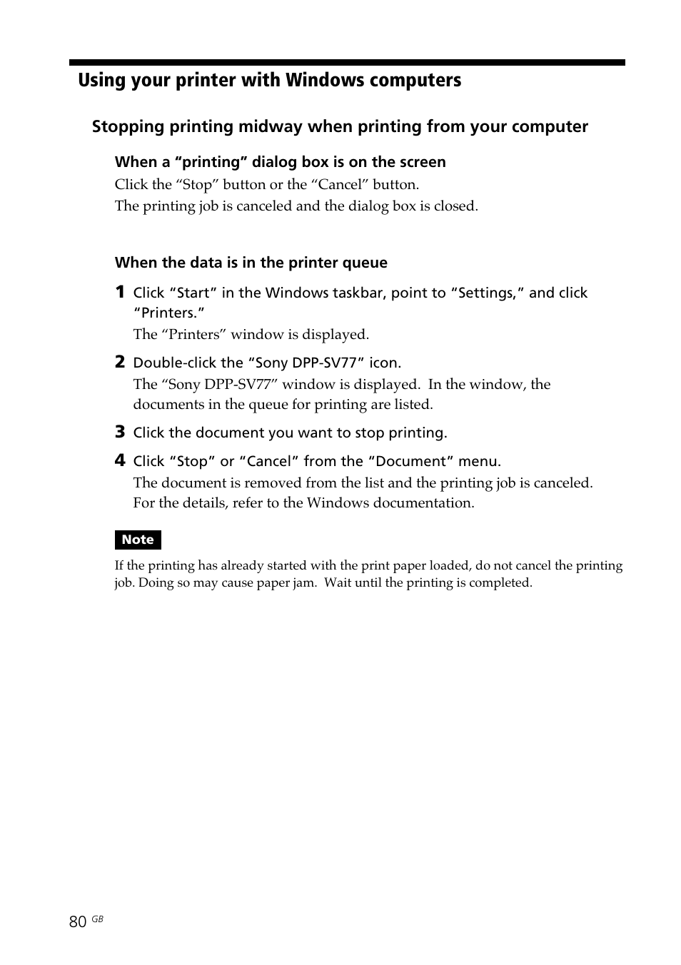 Using your printer with windows computers | Sony DPP--SV77 User Manual | Page 80 / 283