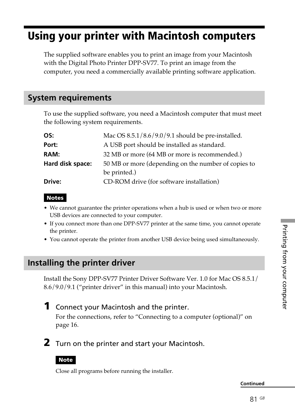 Using your printer with macintosh computers, System requirements, Installing the printer driver | Macintosh, Using your printer with | Sony DPP--SV77 User Manual | Page 81 / 283