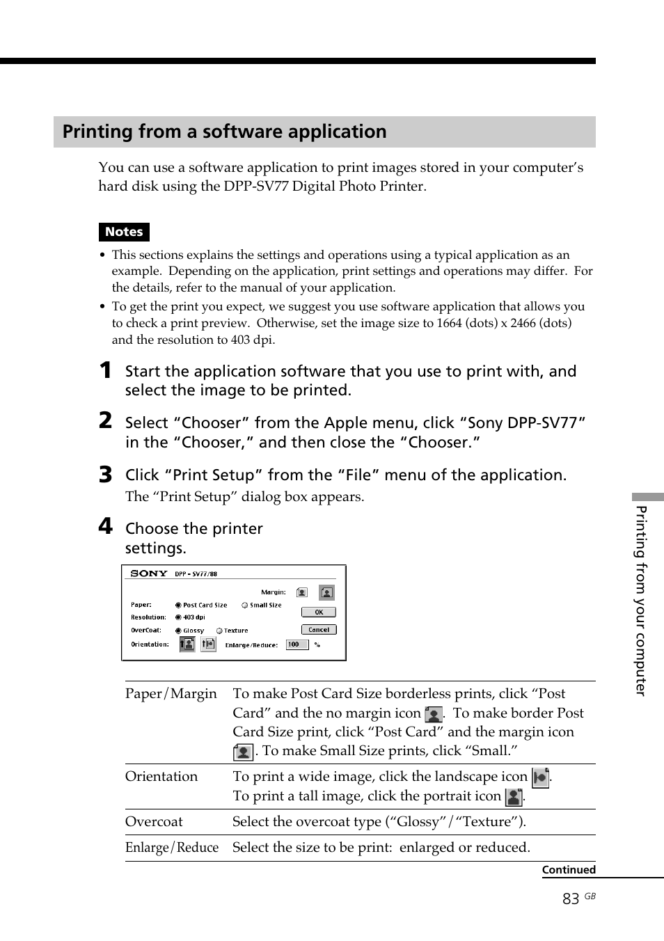 Printing from a software application, From a macintosh computer | Sony DPP--SV77 User Manual | Page 83 / 283