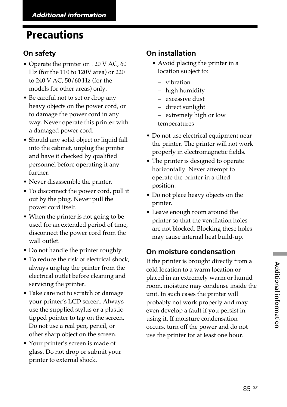 Additional information, Precautions, Moisture condensation | Sony DPP--SV77 User Manual | Page 85 / 283