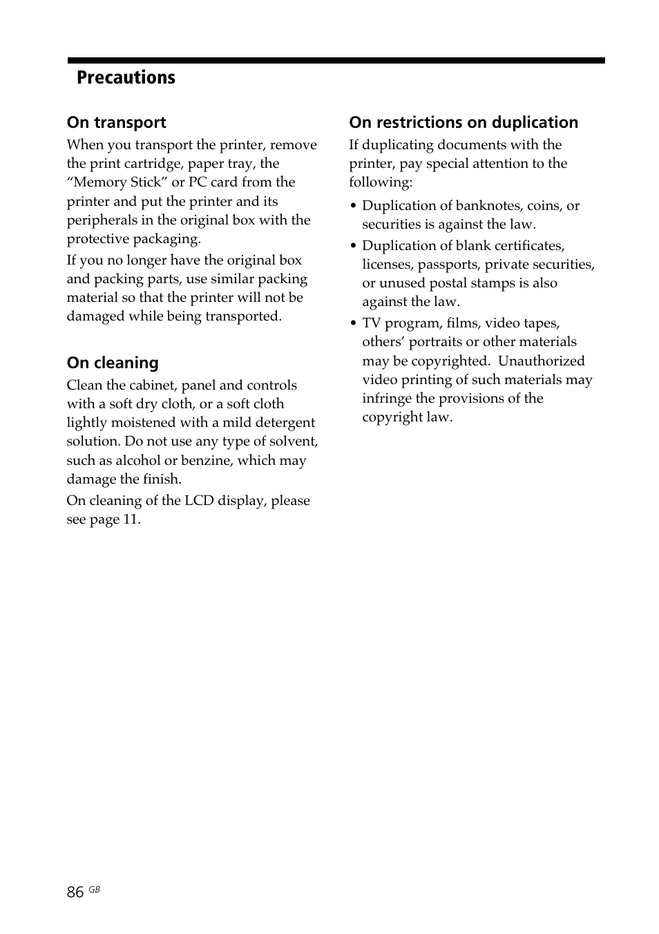 Precautions | Sony DPP--SV77 User Manual | Page 86 / 283