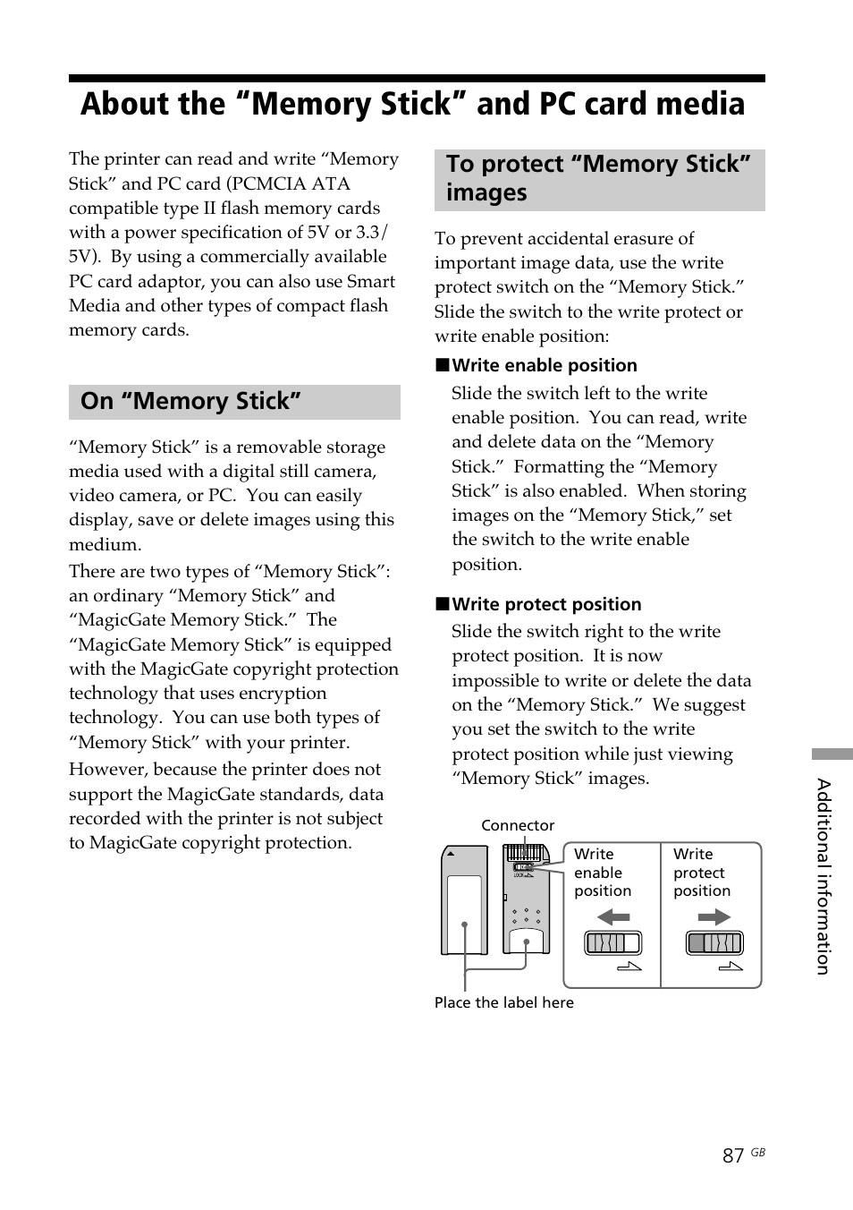 About the “memory stick” and pc card media, On “memory stick, To protect “memory stick” images | Write protection, About the “memory stick” and | Sony DPP--SV77 User Manual | Page 87 / 283
