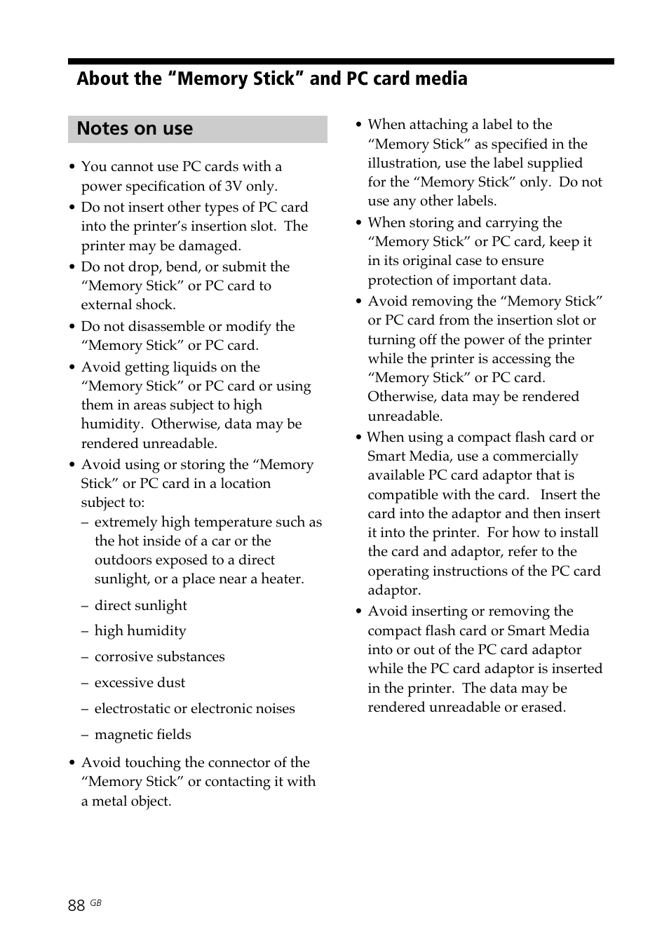 Notes on use, Note on use | Sony DPP--SV77 User Manual | Page 88 / 283