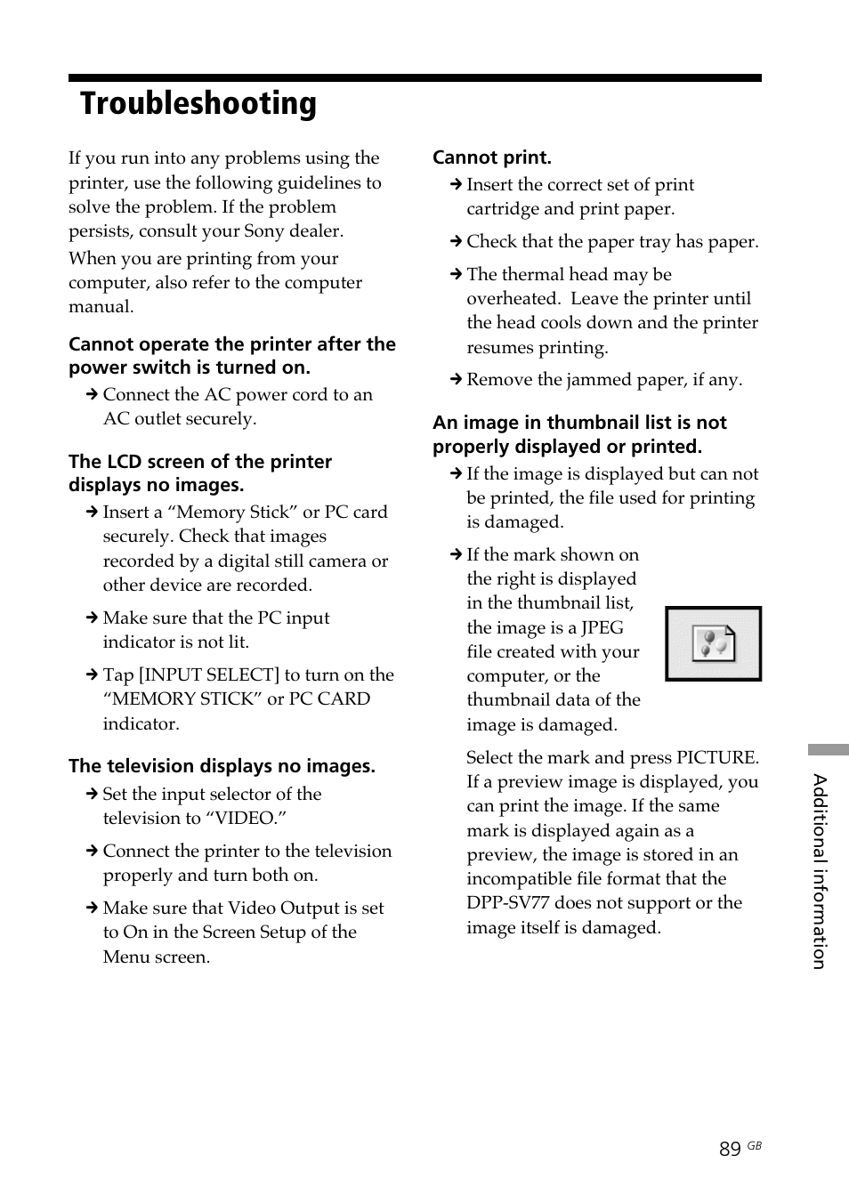 Troubleshooting, Thumbnails | Sony DPP--SV77 User Manual | Page 89 / 283