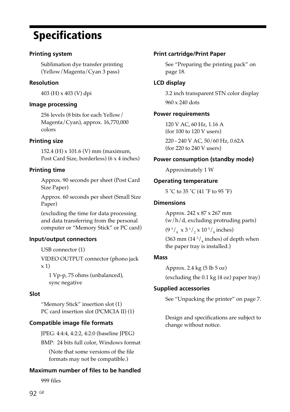 Specifications | Sony DPP--SV77 User Manual | Page 92 / 283