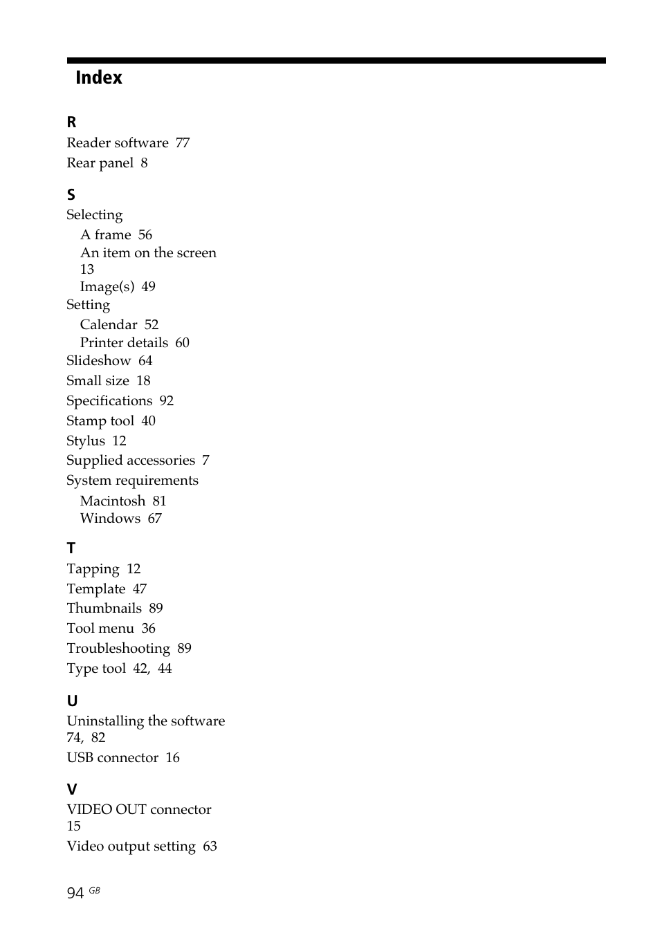 Selecting, Setting, System requirements | Index | Sony DPP--SV77 User Manual | Page 94 / 283