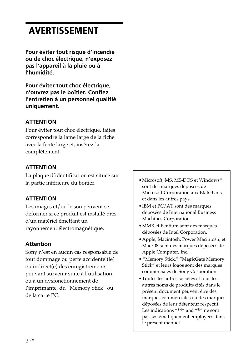 Avertissement | Sony DPP--SV77 User Manual | Page 96 / 283