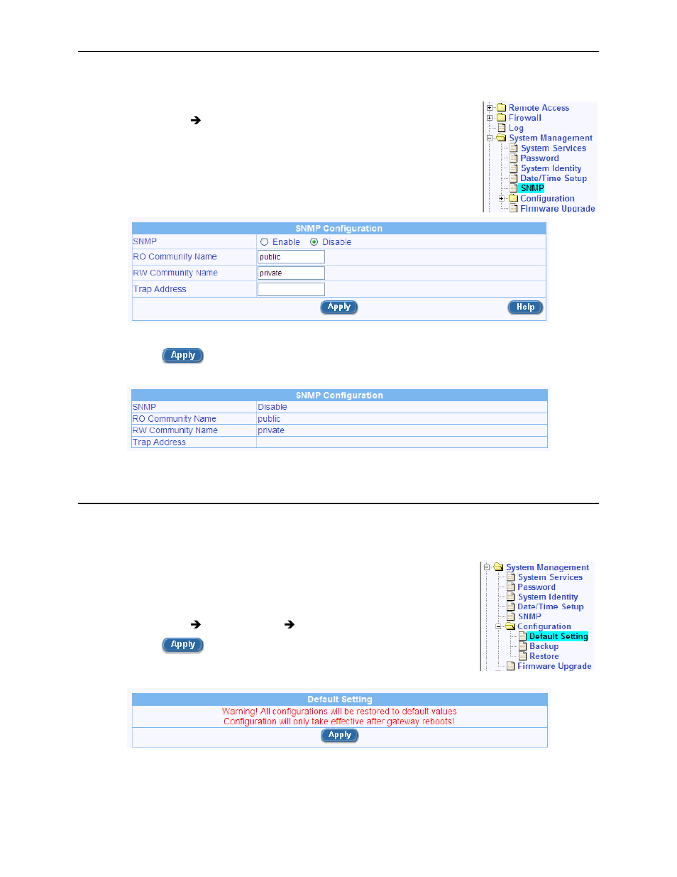 Configuring snmp, System configuration management, Reset to factory settings | Figure 11.7. snmp configuration, Figure 11.8. existing snmp configuration, Figure 11.9. default setting configuration, 6 system configuration management | Asus RX3041H User Manual | Page 113 / 143