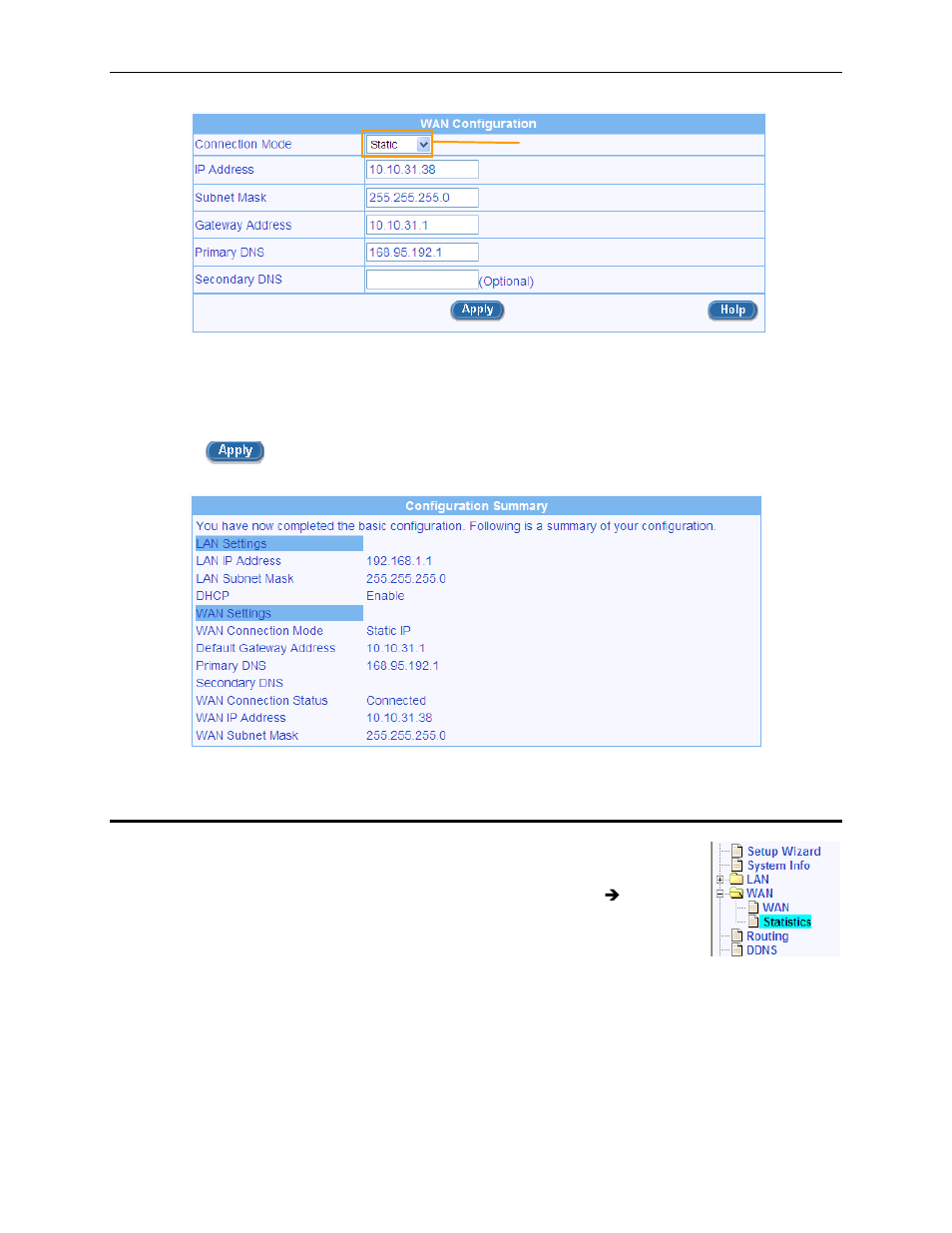 Viewing wan statistics, Figure 6.5. wan static ip configuration, Figure 6.6. wan static ip configuration | 5 viewing wan statistics | Asus RX3041H User Manual | Page 52 / 143