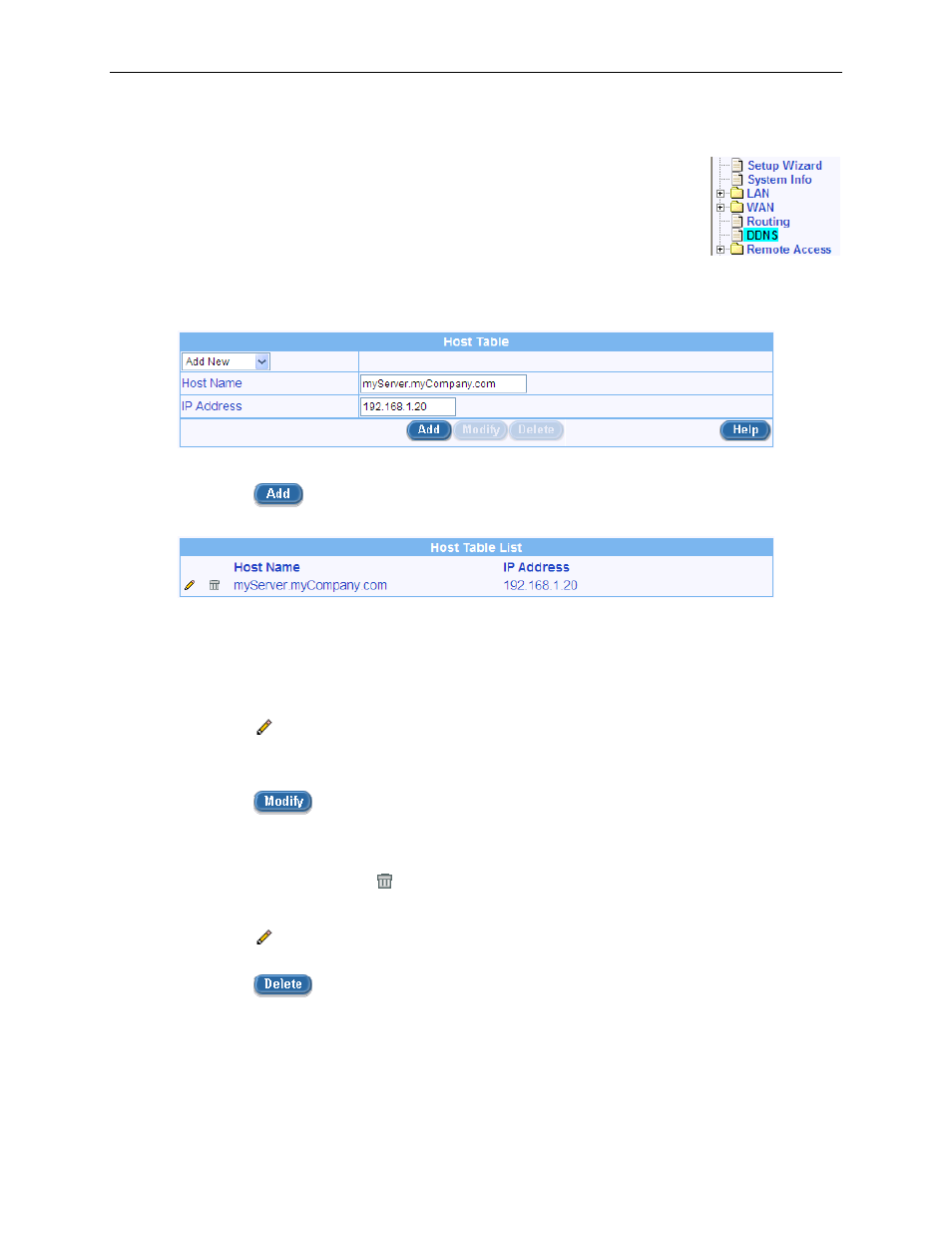 Add a host table entry, Modify a host table entry, Delete a host table entry | View the host table, Figure 8.5. host table configuration, Figure 8.6. host table | Asus RX3041H User Manual | Page 63 / 143