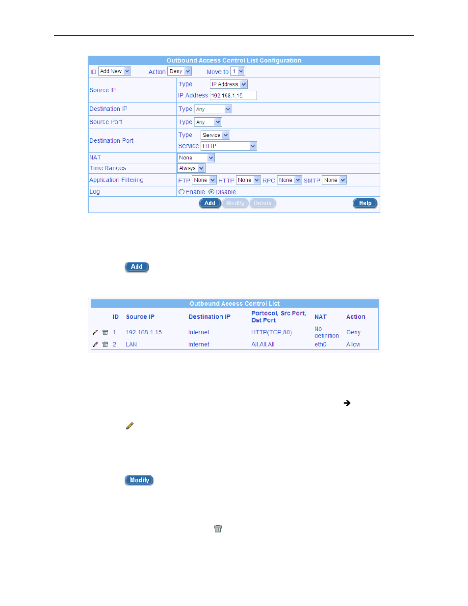 Modify an outbound acl rule, Delete an outbound acl rule, Figure 9.9. outbound acl configuration example | Figure 9.10. outbound acl list | Asus RX3041H User Manual | Page 74 / 143