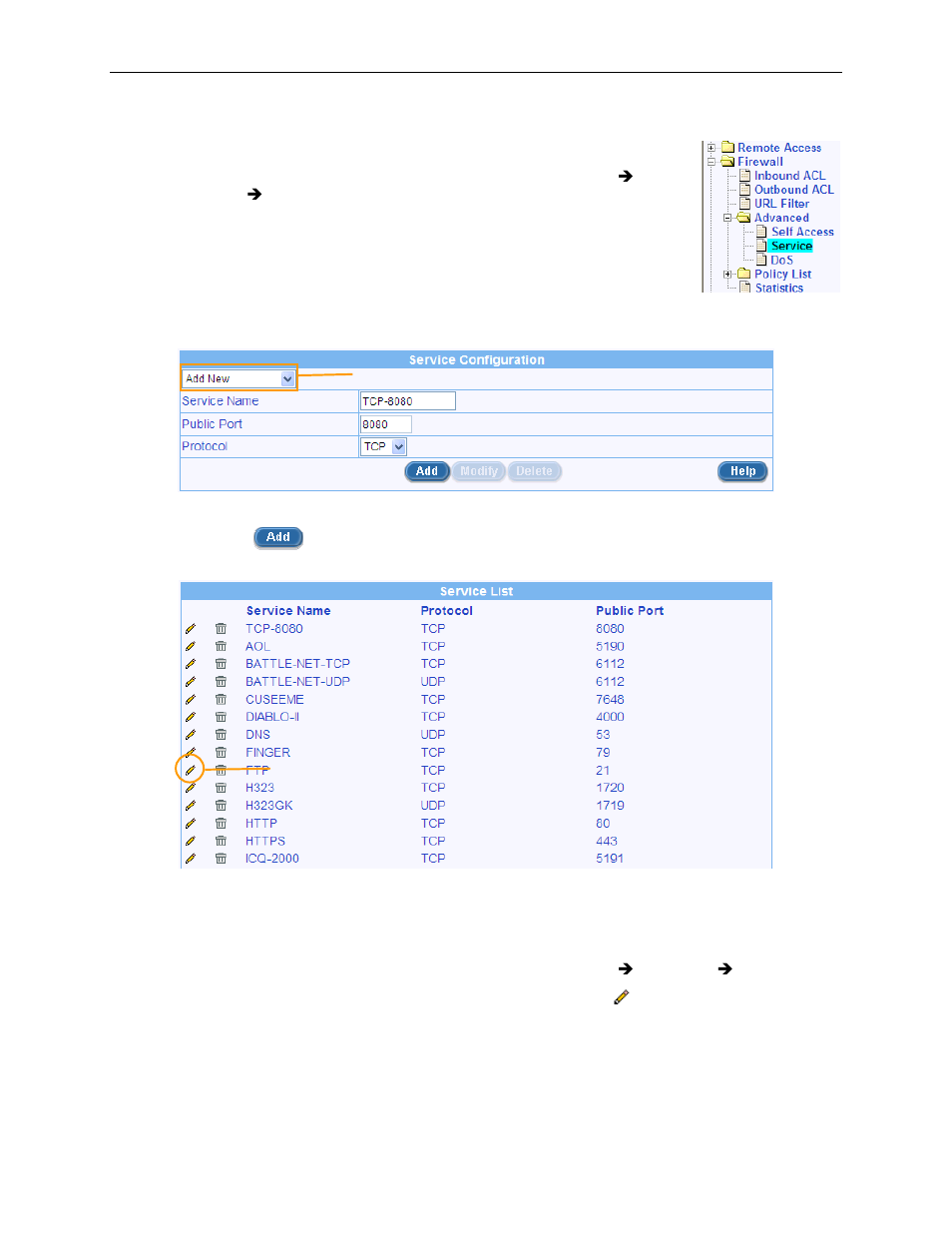 Add a service, Modify a service, Figure 9.14. service list configuration | Figure 9.15. service list | Asus RX3041H User Manual | Page 79 / 143