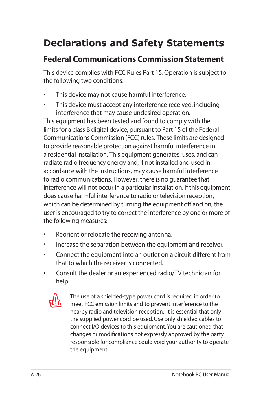 Declarations and safety statements, Federal communications commission statement | Asus U57A User Manual | Page 102 / 118