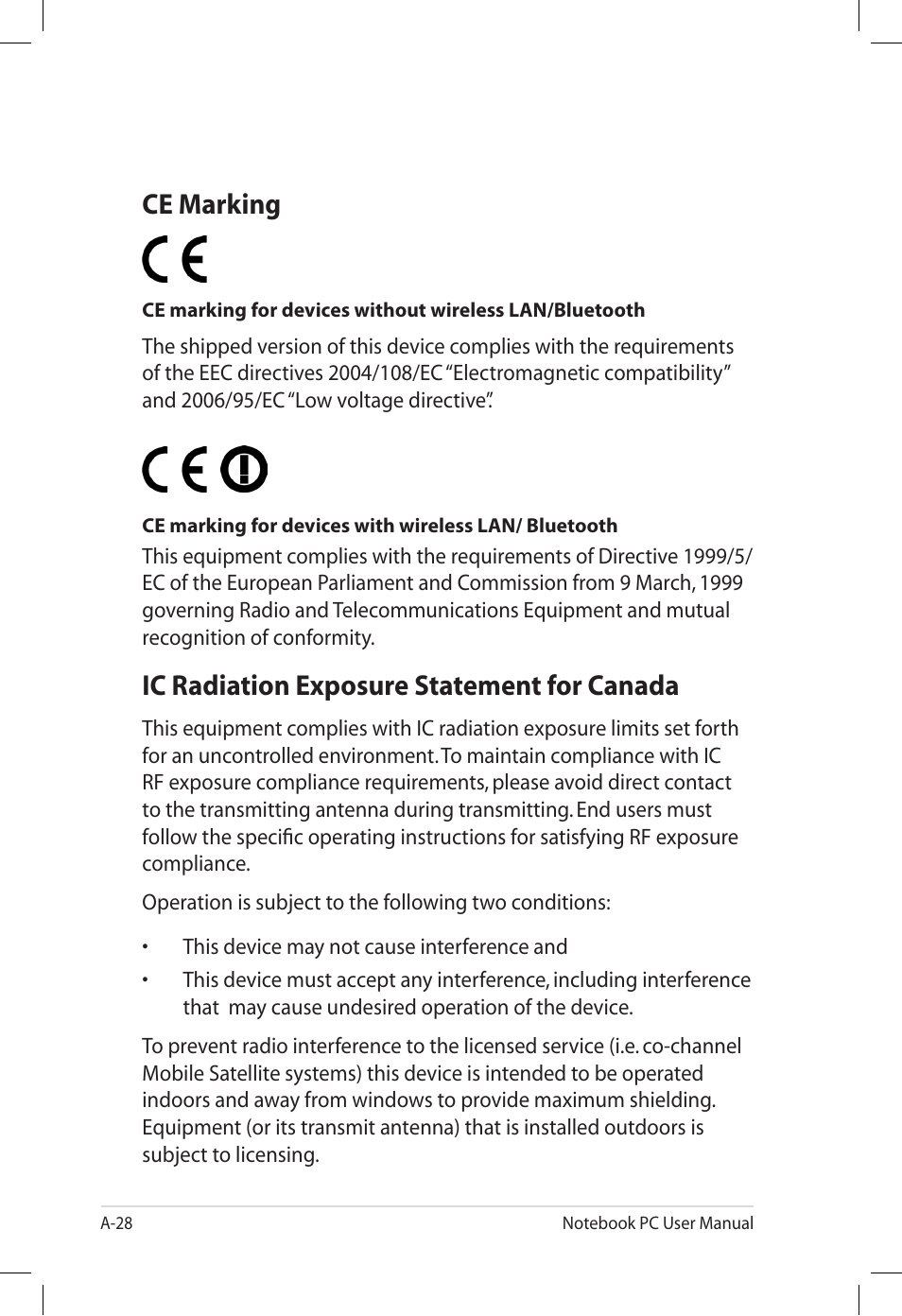 Ce marking, Ic radiation exposure statement for canada | Asus U57A User Manual | Page 104 / 118