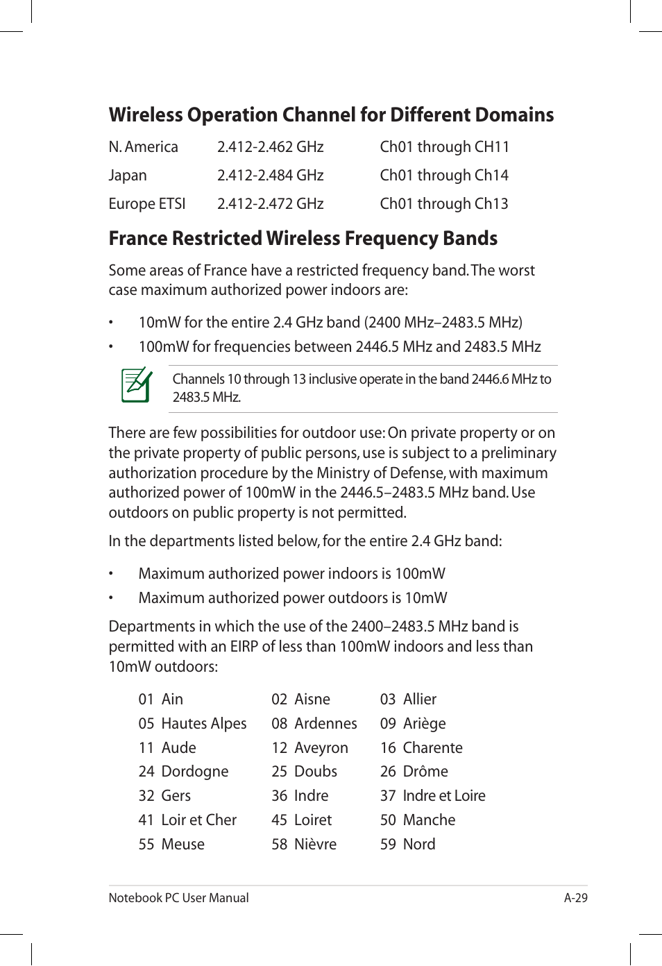 Wireless operation channel for different domains, France restricted wireless frequency bands | Asus U57A User Manual | Page 105 / 118