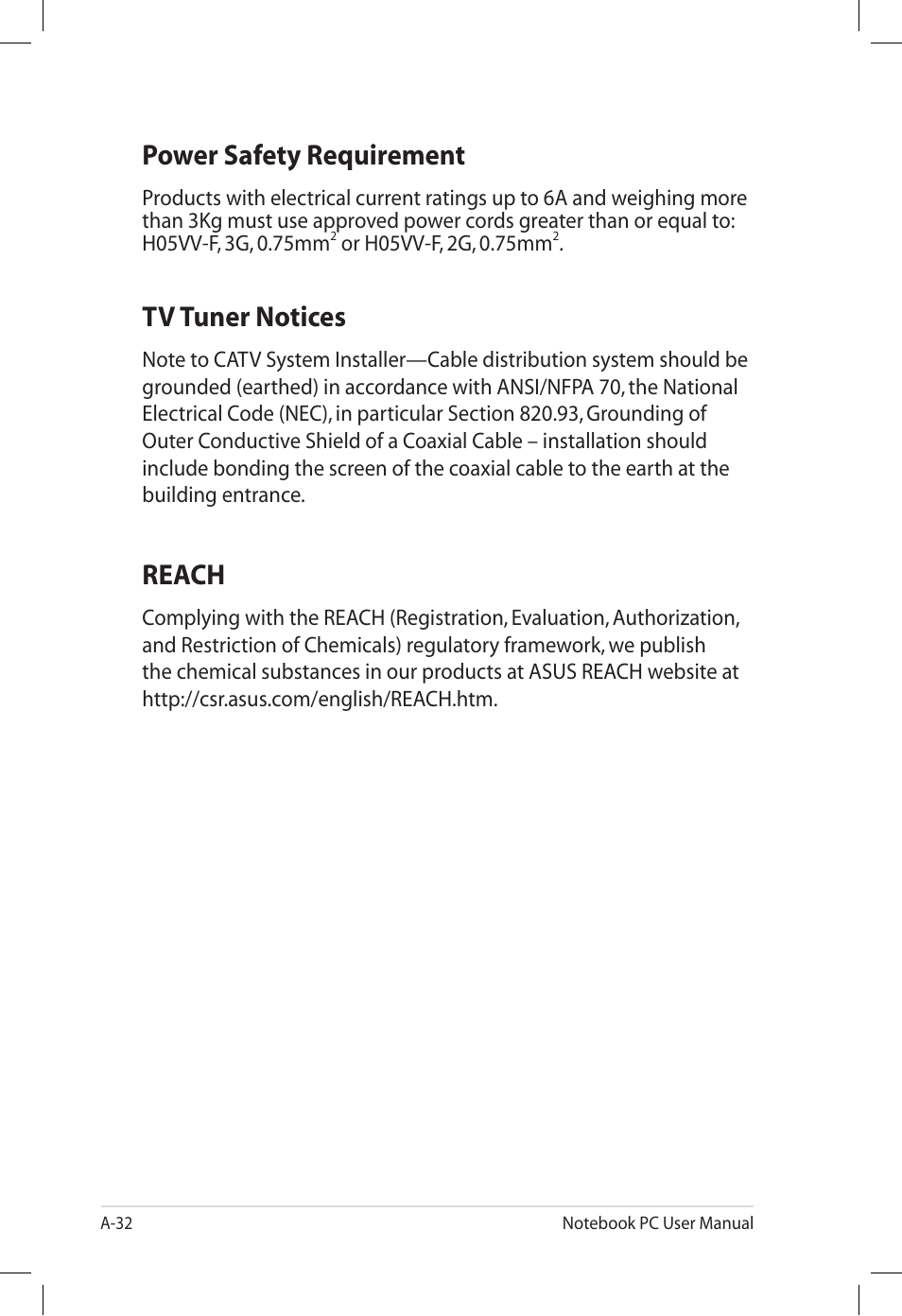 Power safety requirement, Tv tuner notices, Reach | Asus U57A User Manual | Page 108 / 118