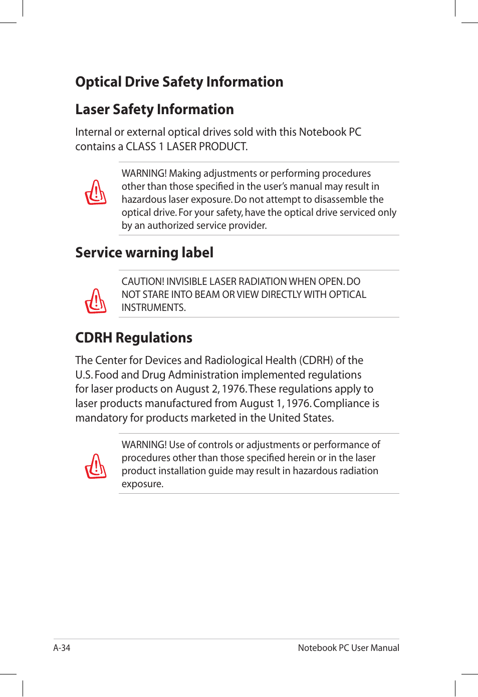 Optical drive safety information, Laser safety information, Service warning label | Cdrh regulations | Asus U57A User Manual | Page 110 / 118