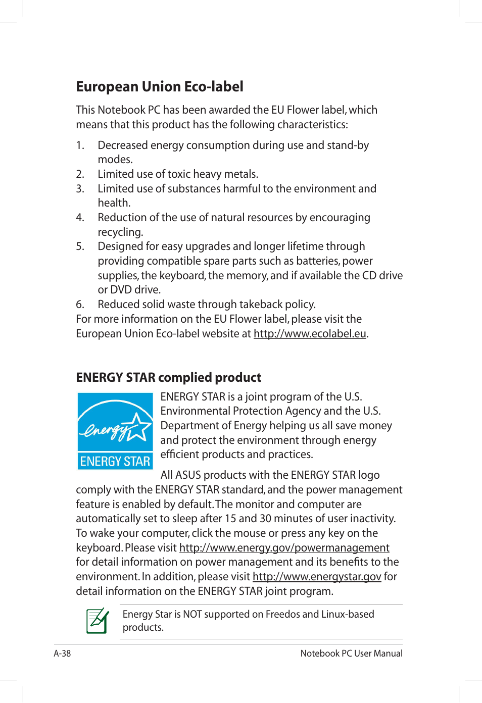 European union eco-label, Energy star complied product | Asus U57A User Manual | Page 114 / 118