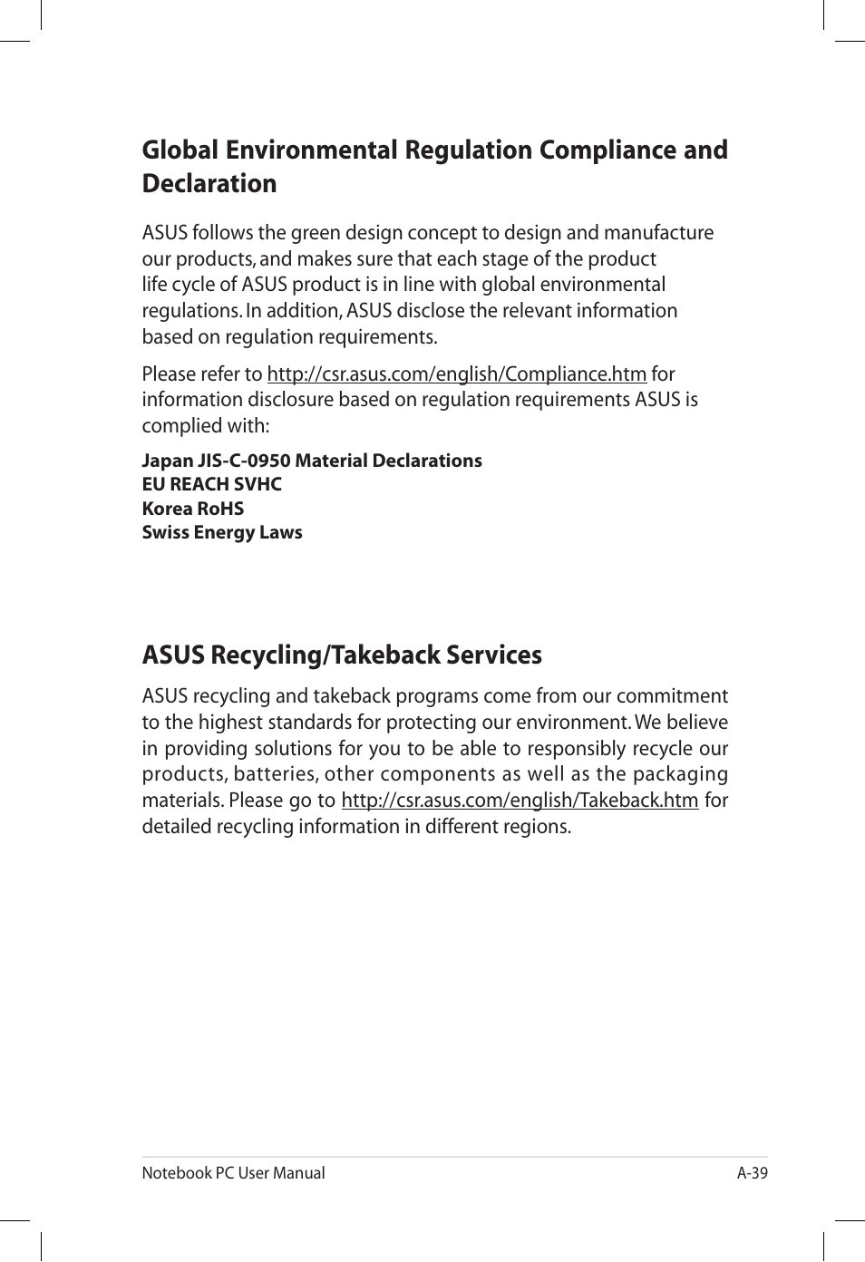 Asus recycling/takeback services | Asus U57A User Manual | Page 115 / 118