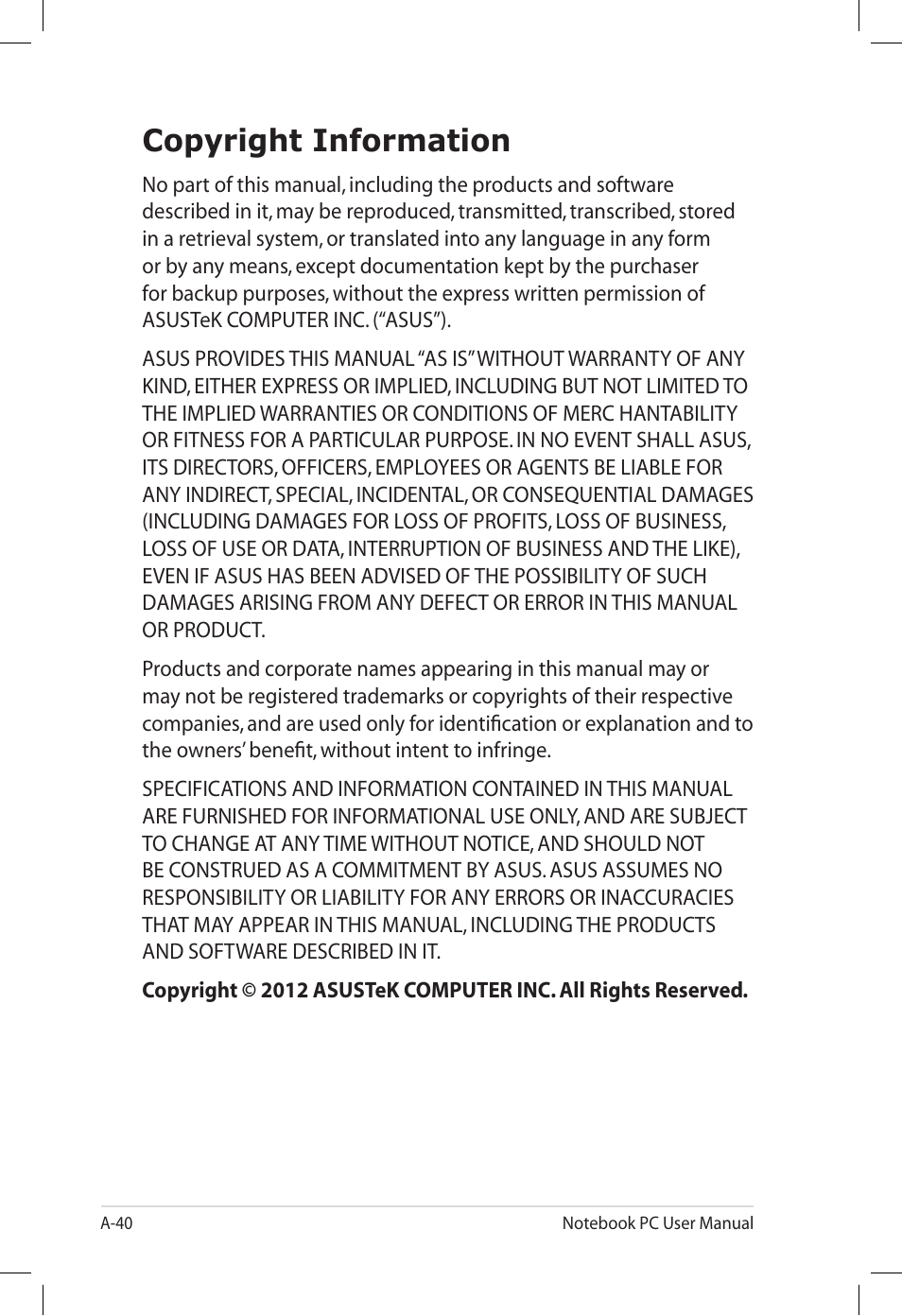 Copyright information | Asus U57A User Manual | Page 116 / 118