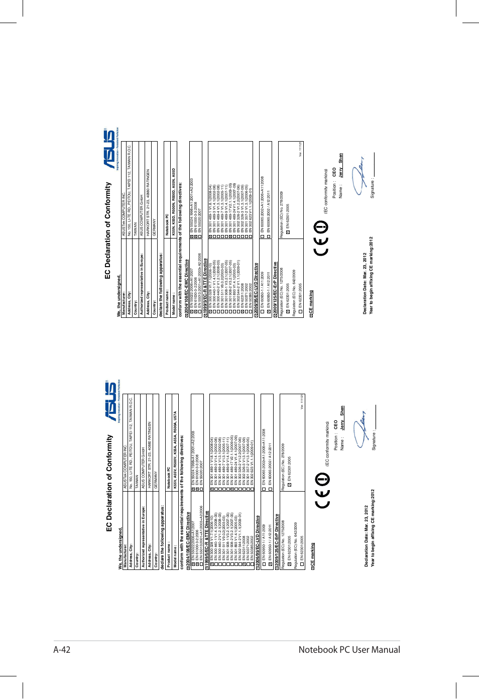 Ec declaration of conformity | Asus U57A User Manual | Page 118 / 118