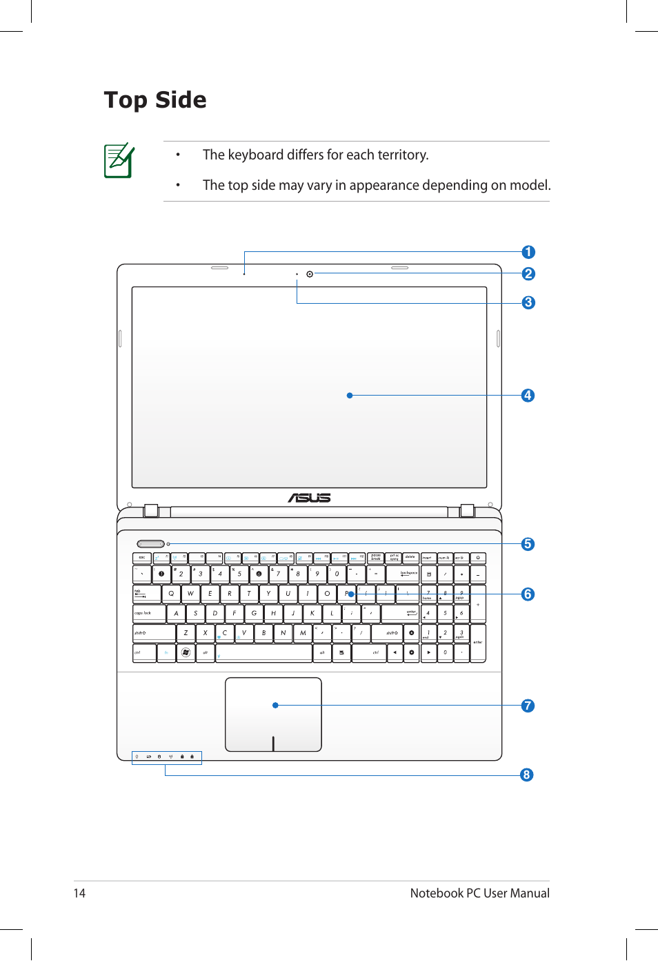 Top side | Asus U57A User Manual | Page 14 / 118