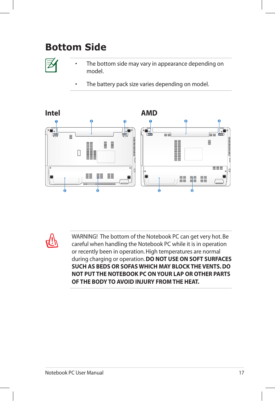 Bottom side, Intel amd | Asus U57A User Manual | Page 17 / 118