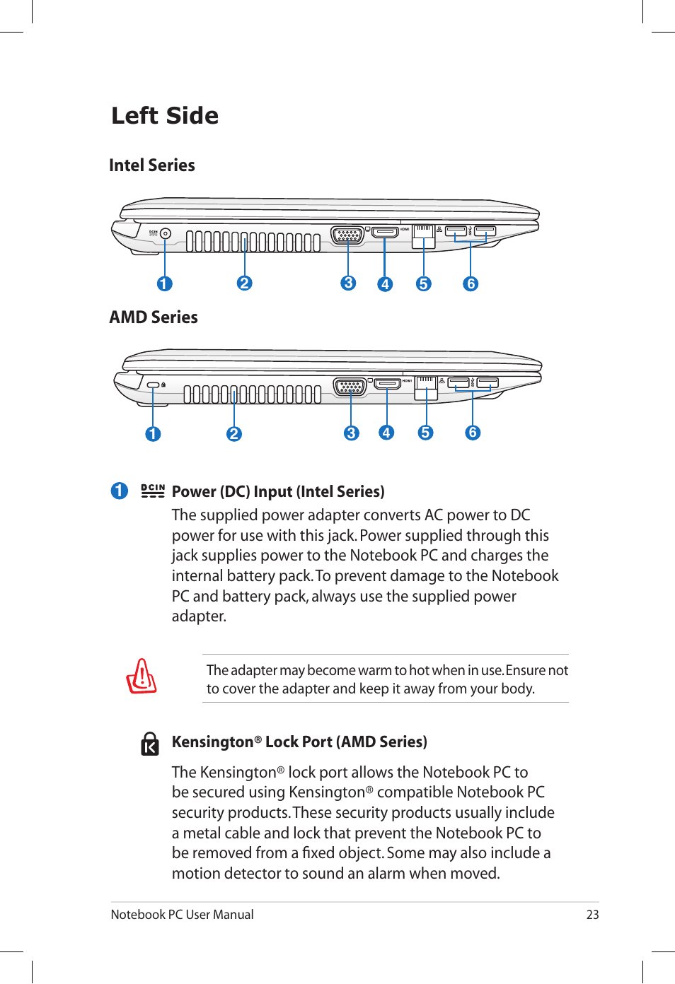 Left side, Intel series amd series | Asus U57A User Manual | Page 23 / 118