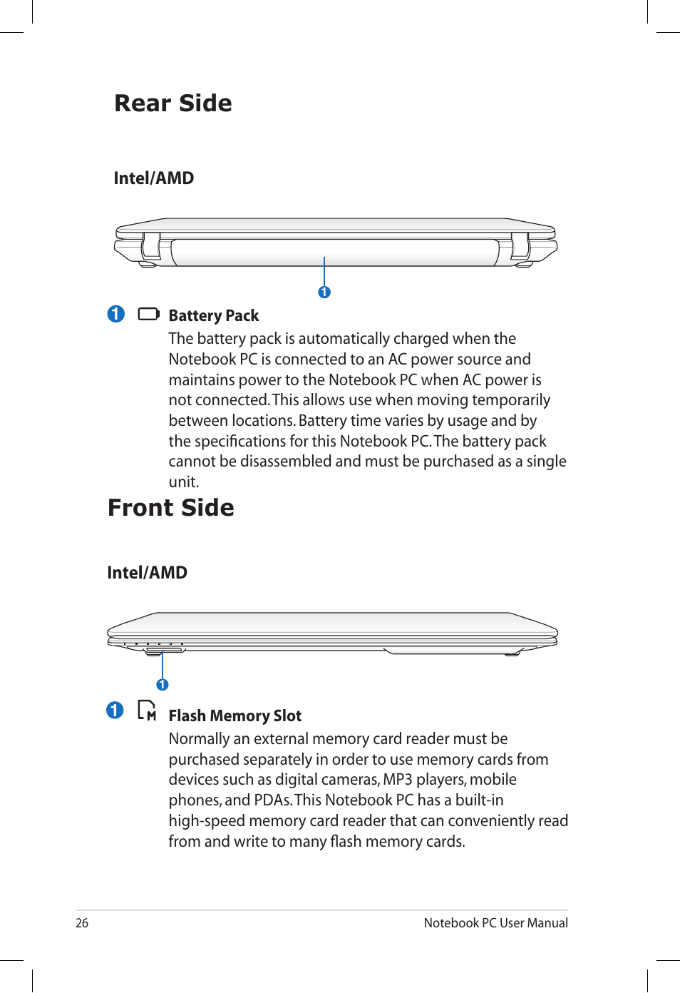 Rear side, Front side, Rear side front side | Asus U57A User Manual | Page 26 / 118