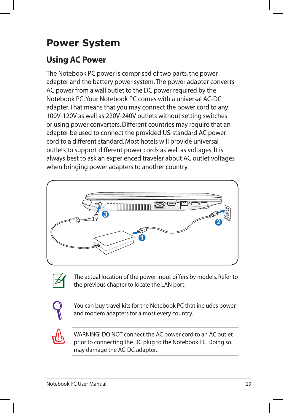 Power system, Using ac power | Asus U57A User Manual | Page 29 / 118