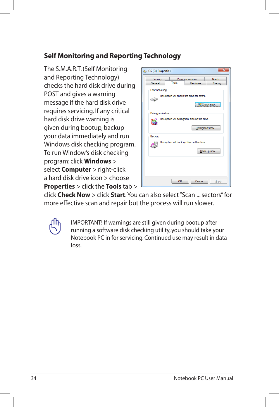 Self monitoring and reporting technology | Asus U57A User Manual | Page 34 / 118