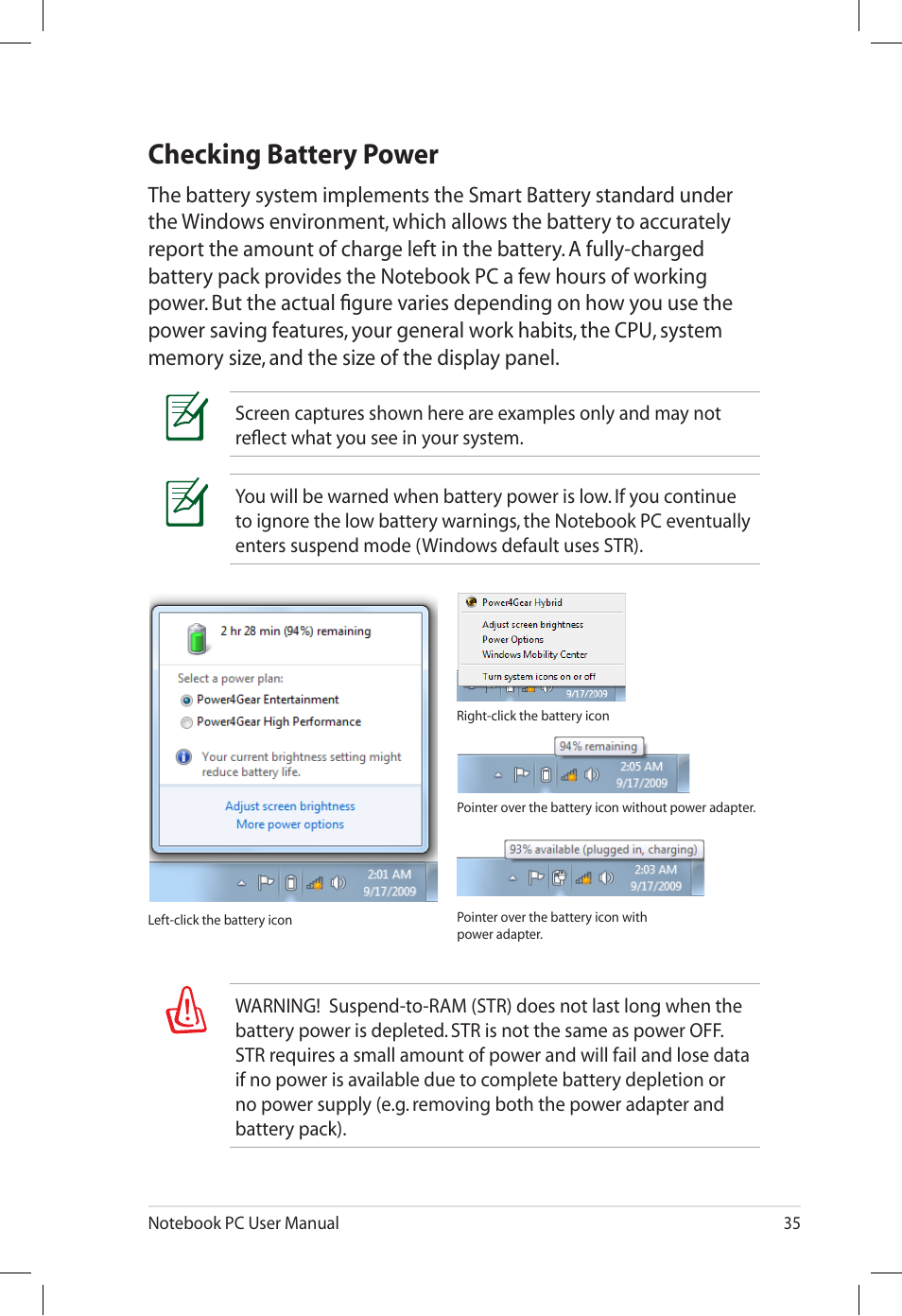 Checking battery power | Asus U57A User Manual | Page 35 / 118