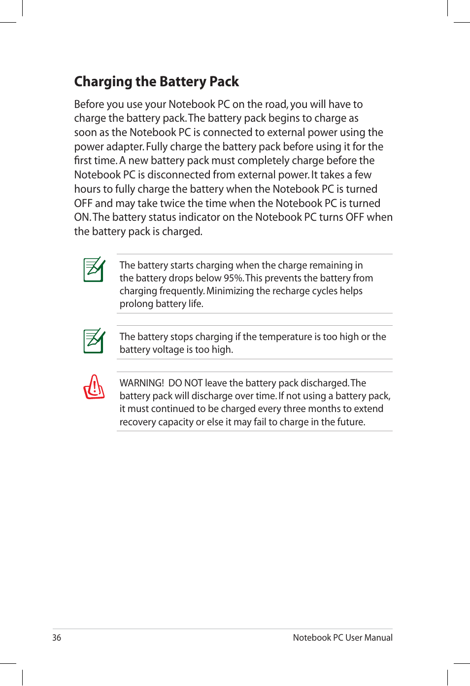 Charging the battery pack | Asus U57A User Manual | Page 36 / 118