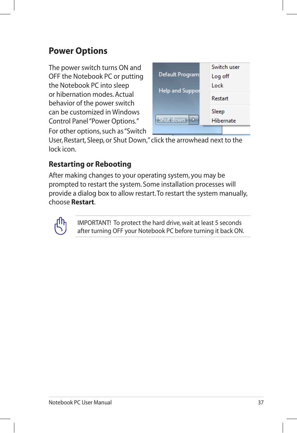 Power options | Asus U57A User Manual | Page 37 / 118