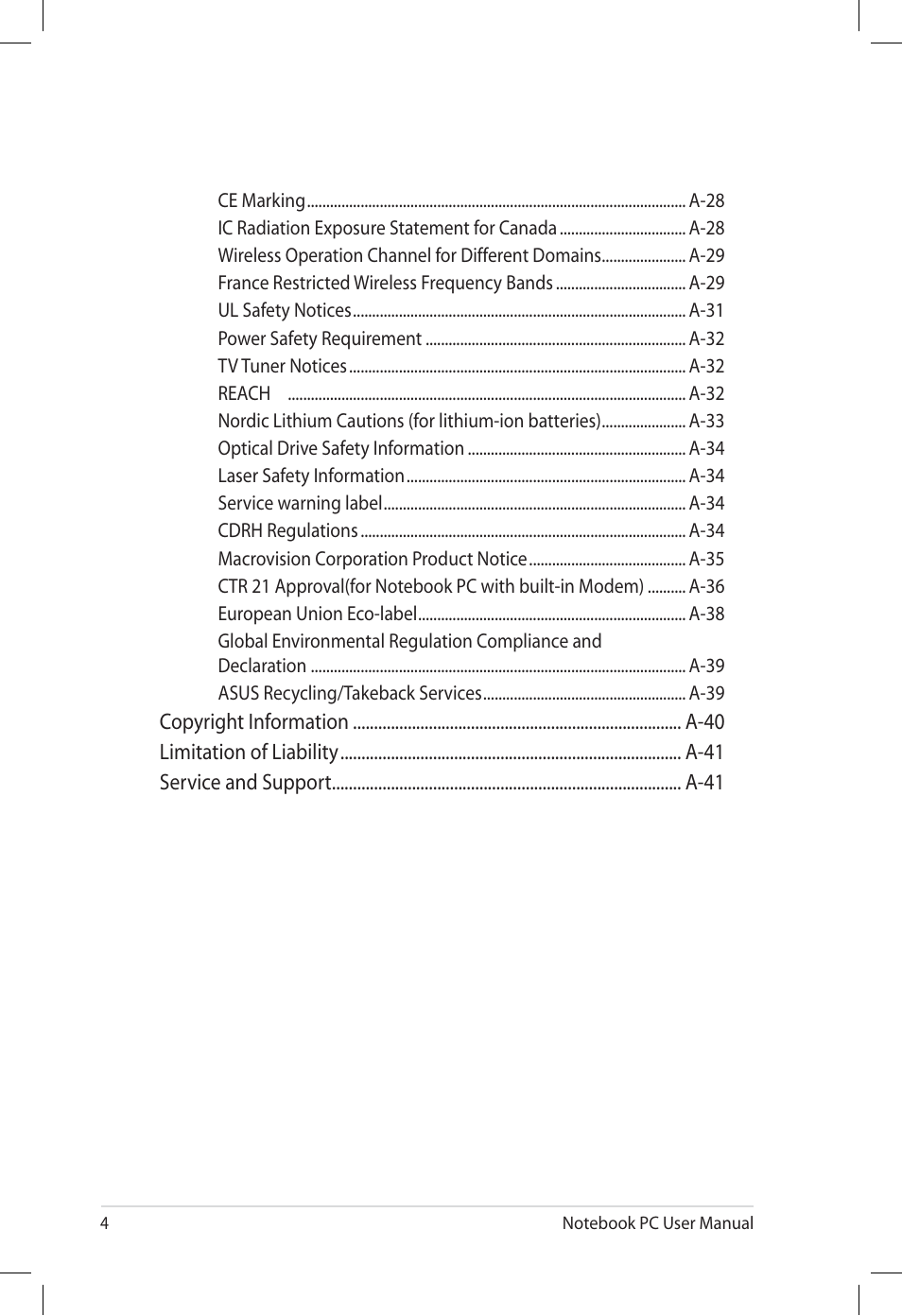 Asus U57A User Manual | Page 4 / 118