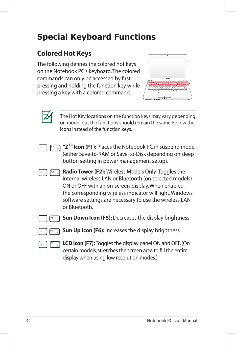 Special keyboard functions, Colored hot keys | Asus U57A User Manual | Page 42 / 118