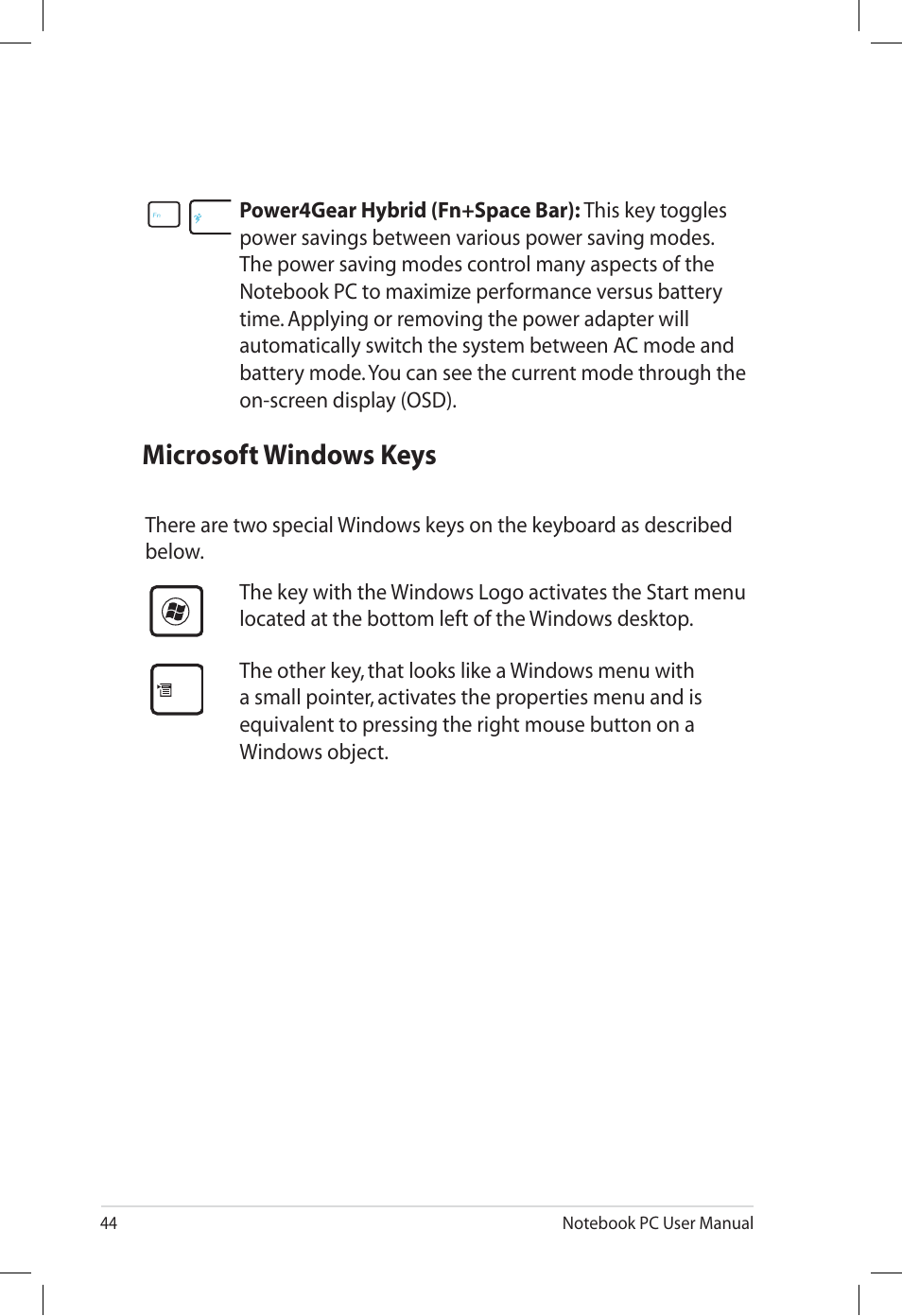 Microsoft windows keys | Asus U57A User Manual | Page 44 / 118