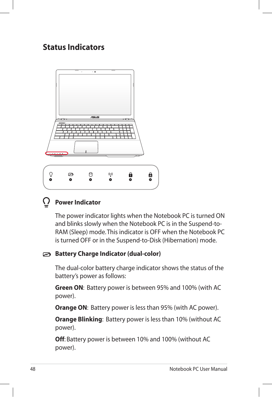 Status indicators | Asus U57A User Manual | Page 48 / 118