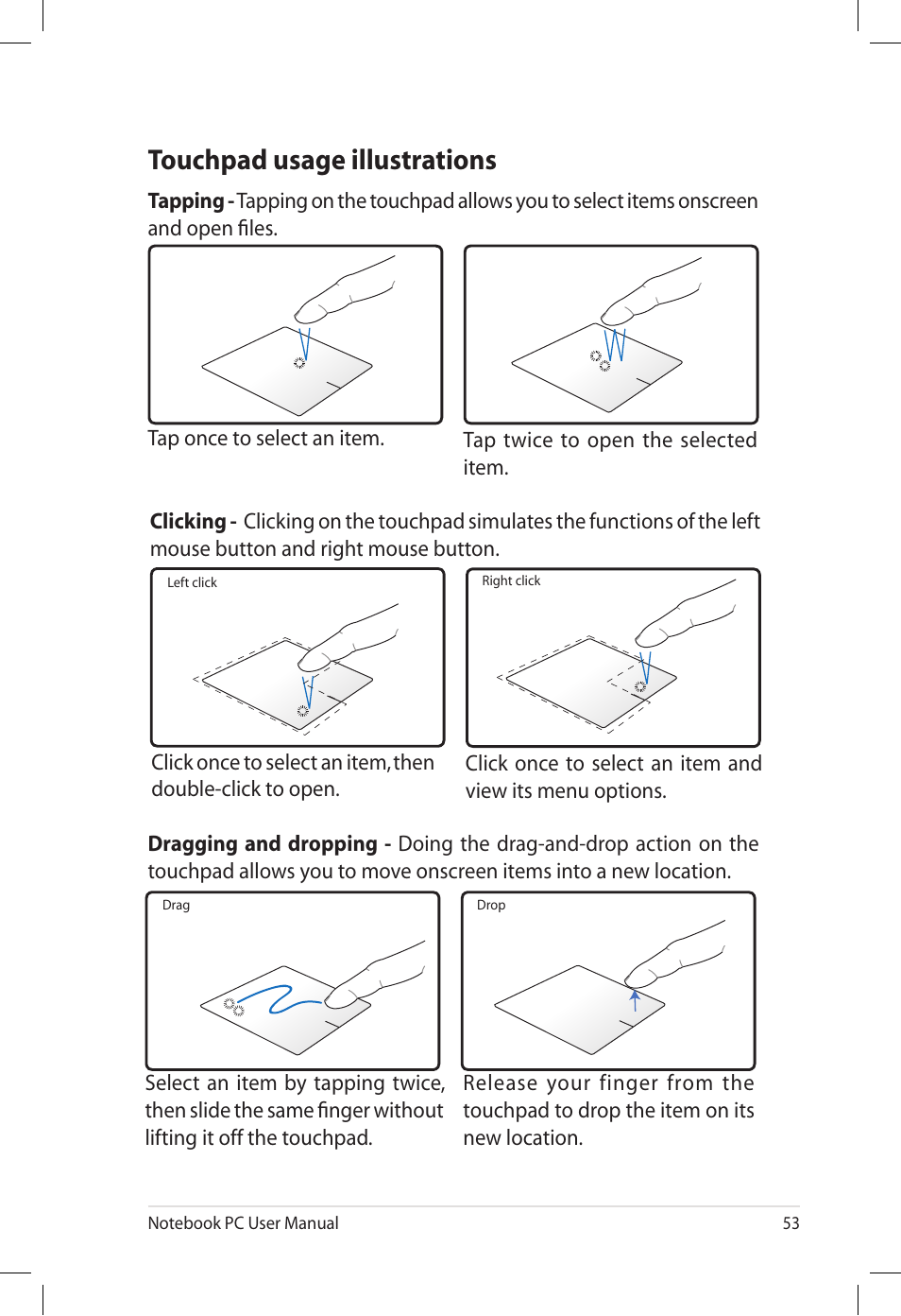 Touchpad usage illustrations | Asus U57A User Manual | Page 53 / 118