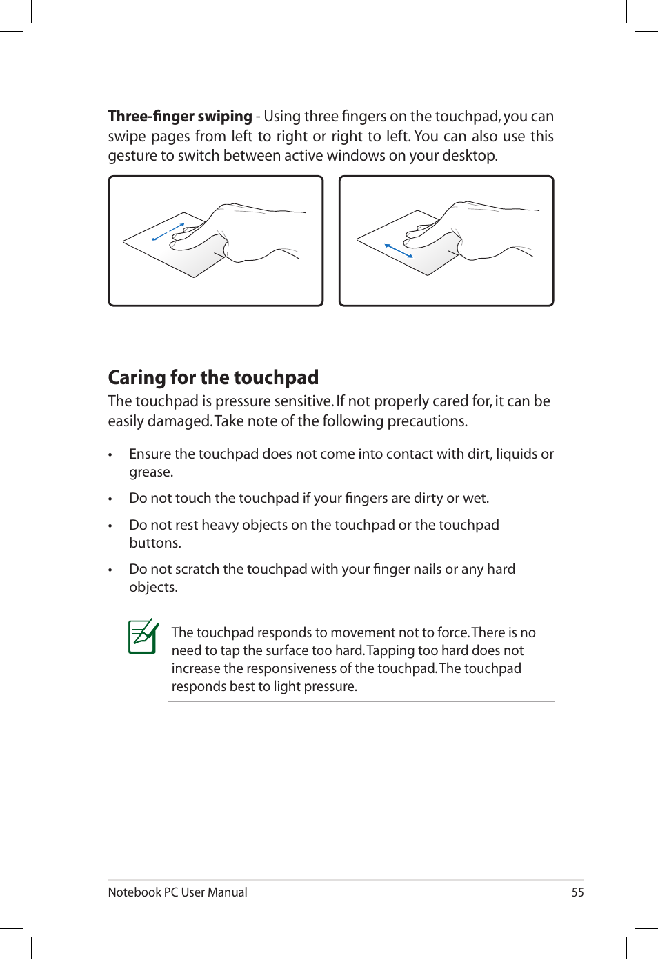 Caring for the touchpad | Asus U57A User Manual | Page 55 / 118