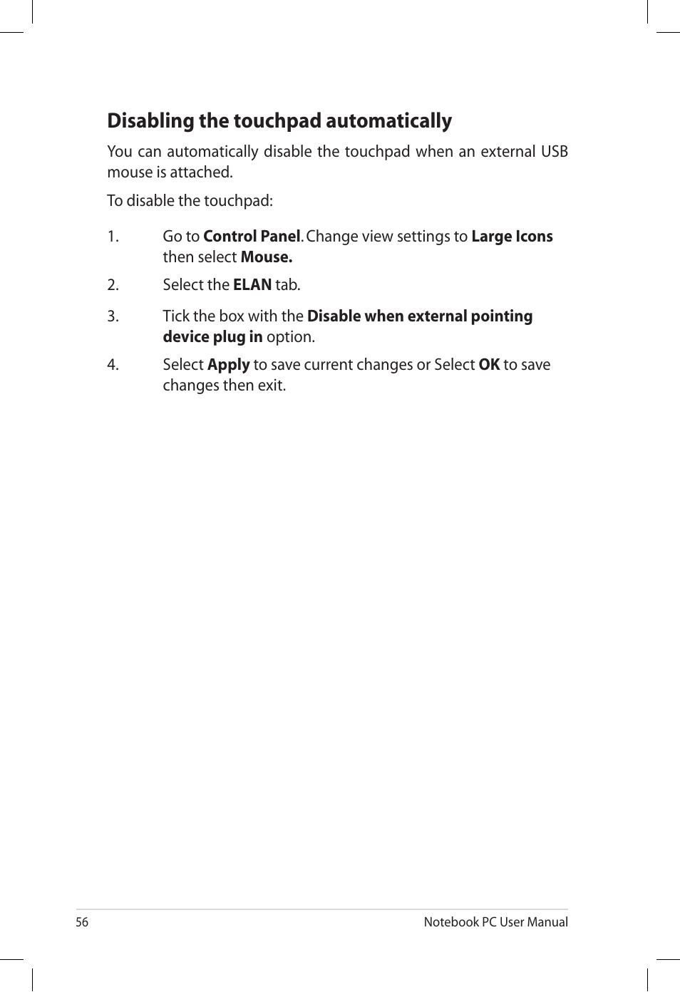Disabling the touchpad automatically | Asus U57A User Manual | Page 56 / 118