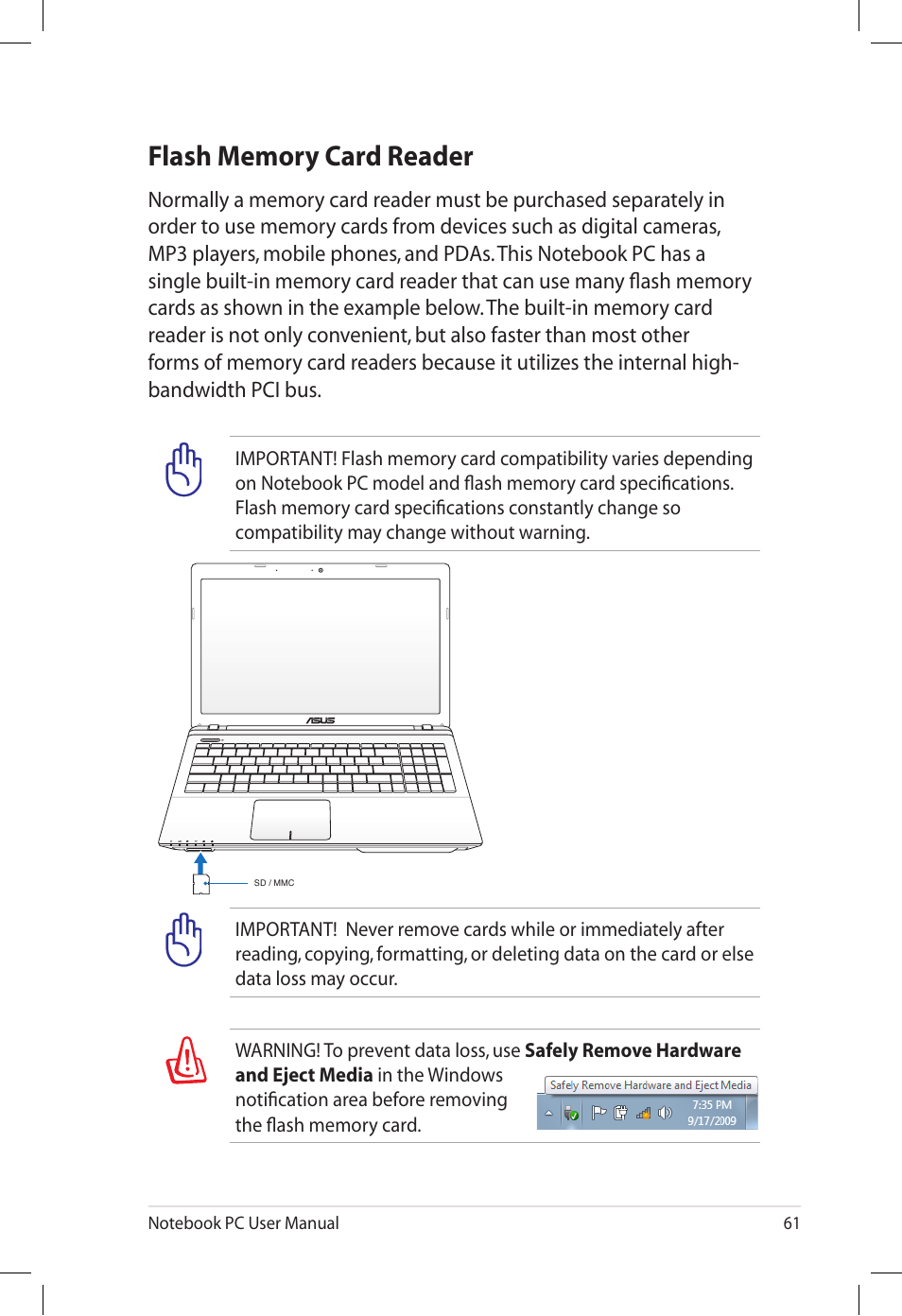 Flash memory card reader | Asus U57A User Manual | Page 61 / 118