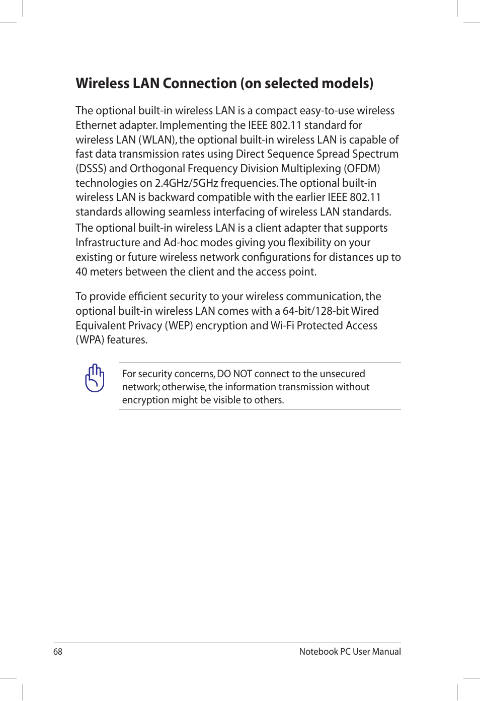 Wireless lan connection (on selected models) | Asus U57A User Manual | Page 68 / 118