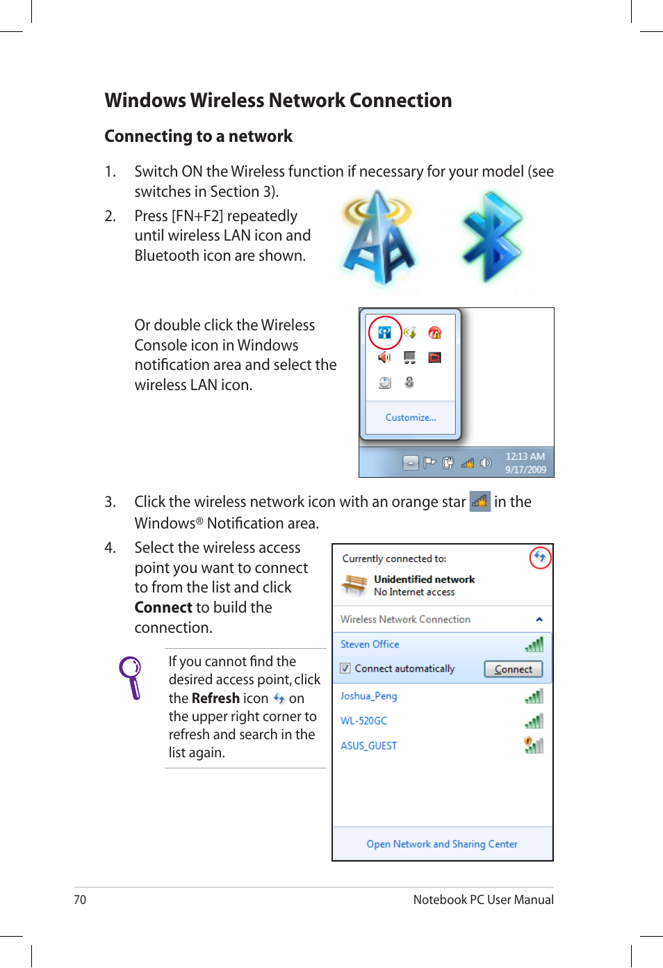 Windows wireless network connection | Asus U57A User Manual | Page 70 / 118