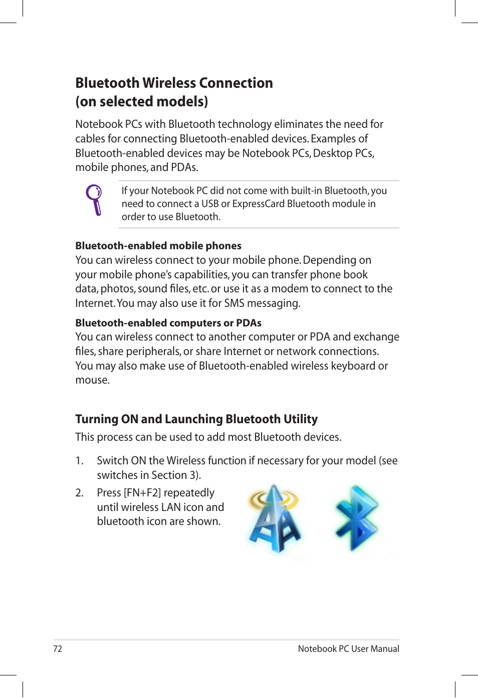 Bluetooth wireless connection(on selected models), Bluetooth wireless connection (on selected models) | Asus U57A User Manual | Page 72 / 118