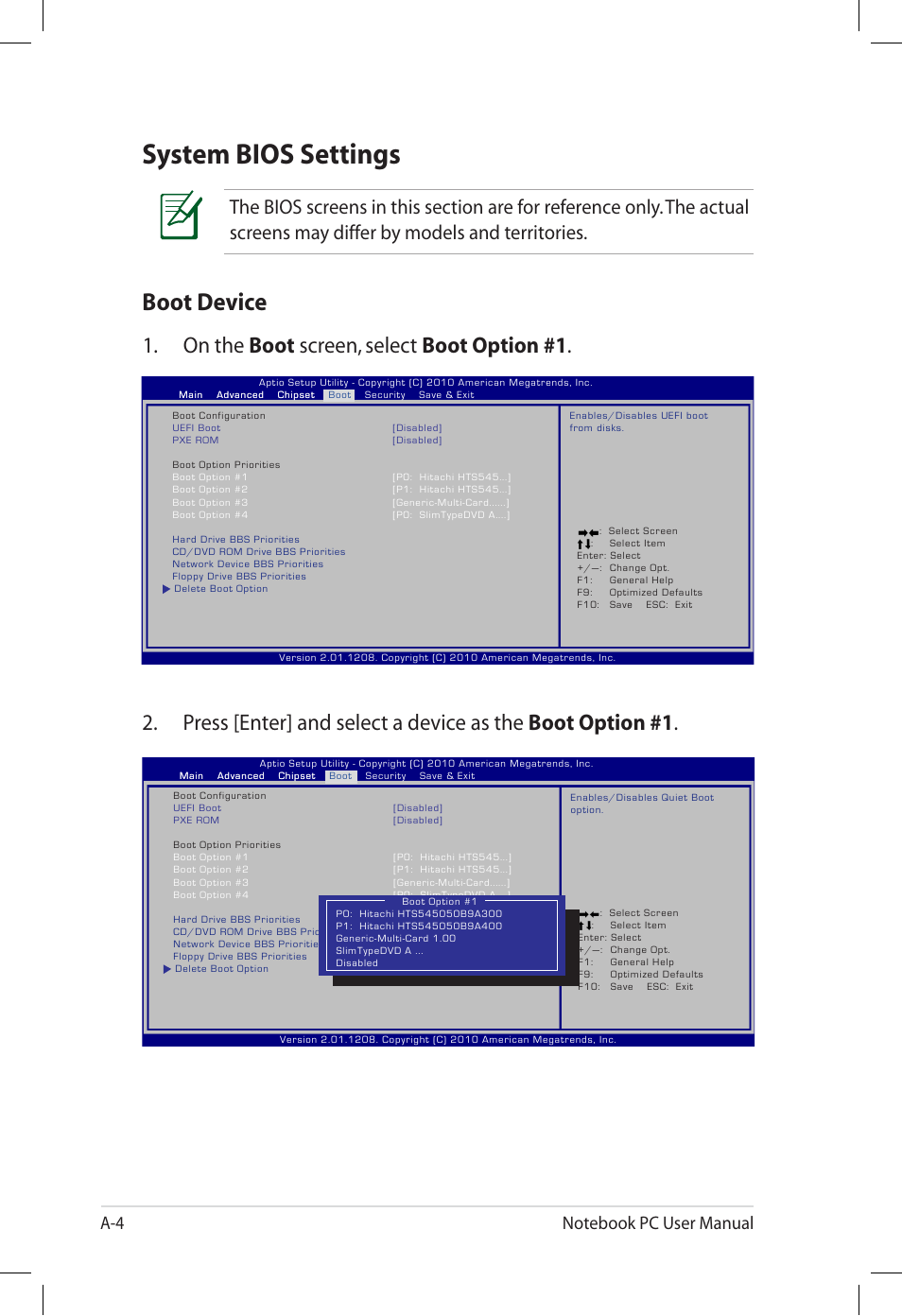 System bios settings, Boot device, On the boot screen, select boot option #1 | Asus U57A User Manual | Page 80 / 118