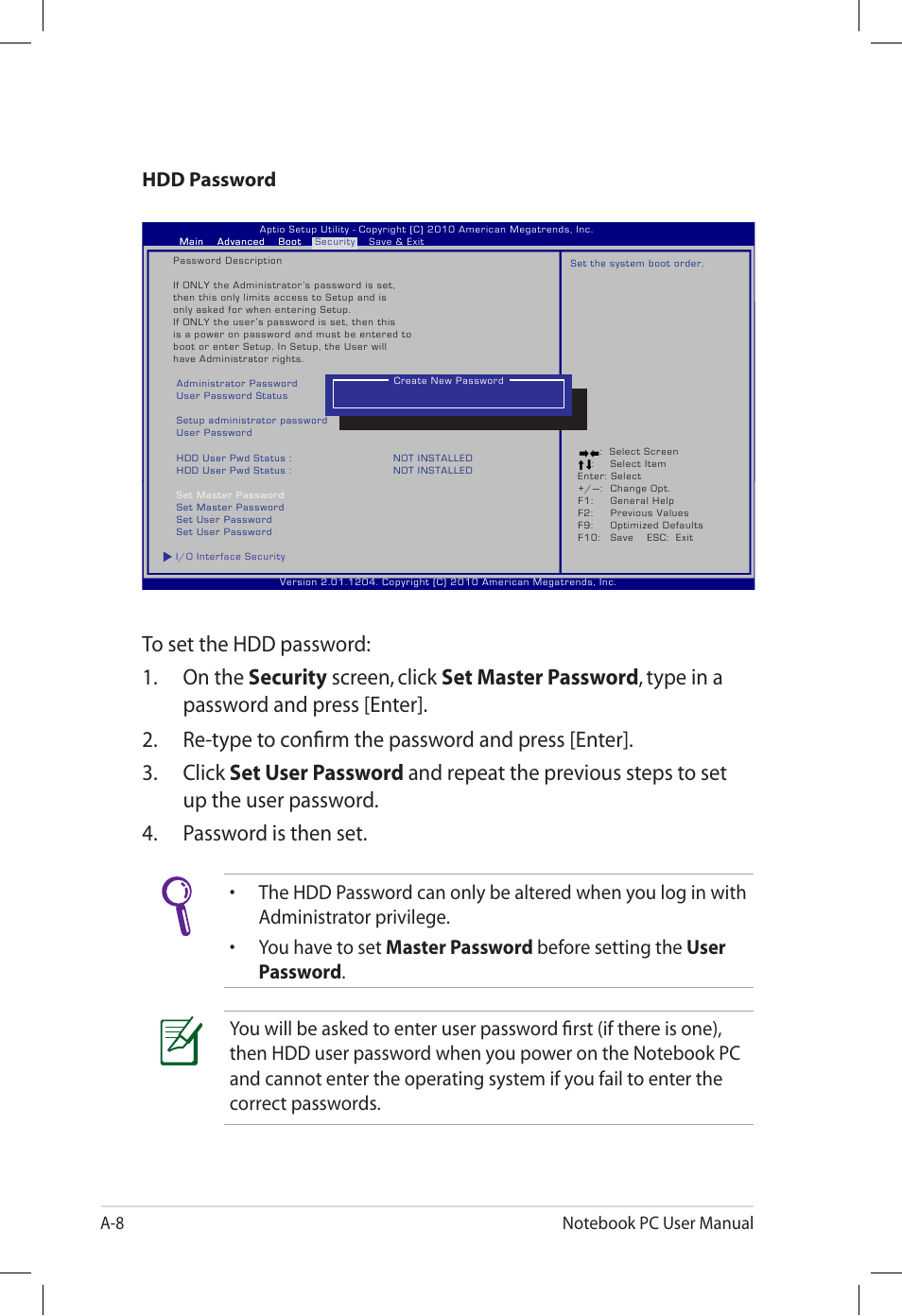 Hdd password | Asus U57A User Manual | Page 84 / 118